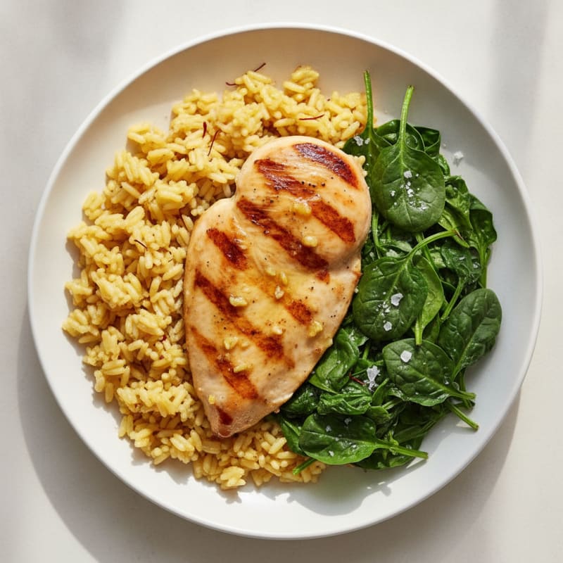 Grilled Chicken Breast with Saffron Rice and Roasted Spinach