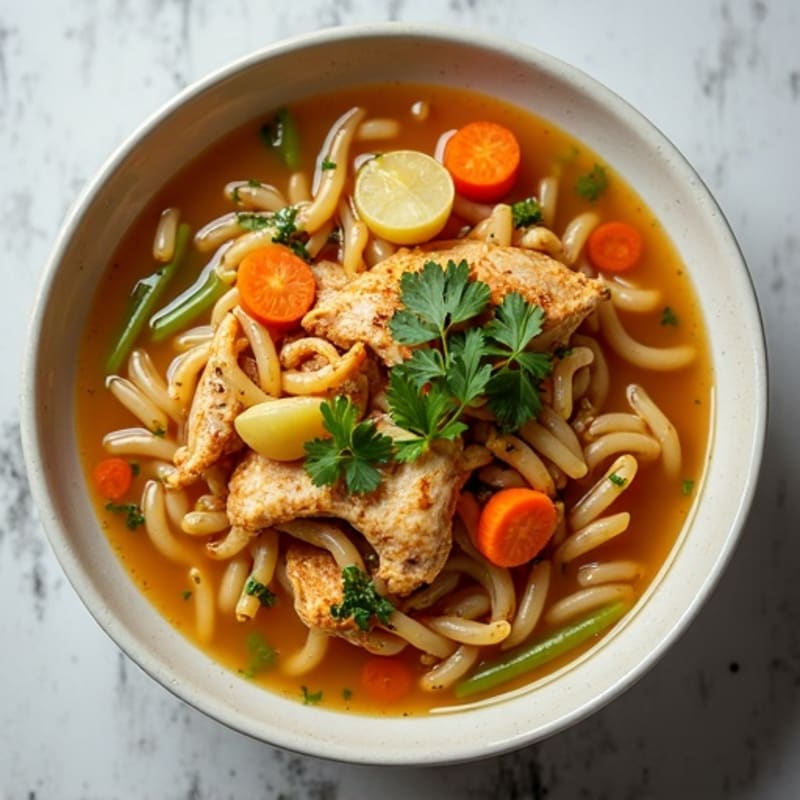 Spiced Chicken and Noodle Broth with Fresh Herbs