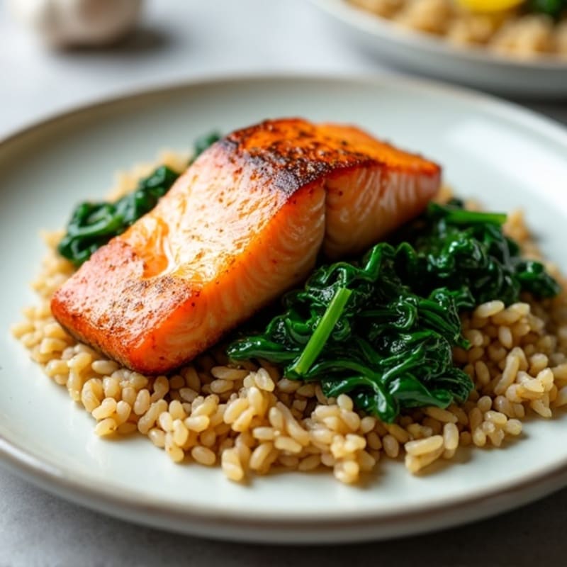 Seared Salmon Fillet with Garlic Spinach and Brown Rice