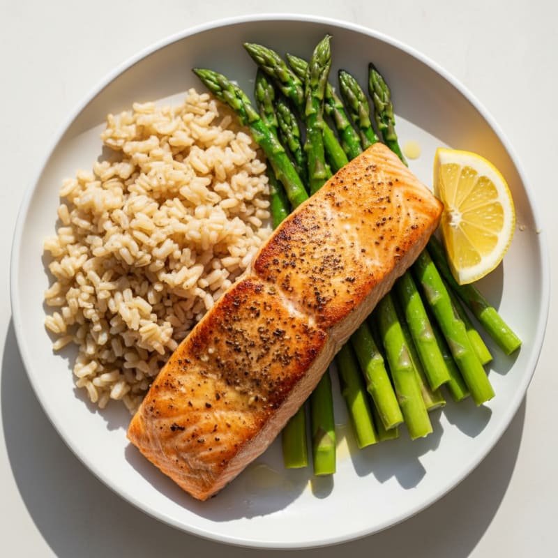 Seared Salmon with Steamed Asparagus and Brown Rice