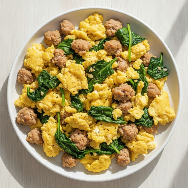 Scrambled Eggs with Turkey Sausage and Spinach