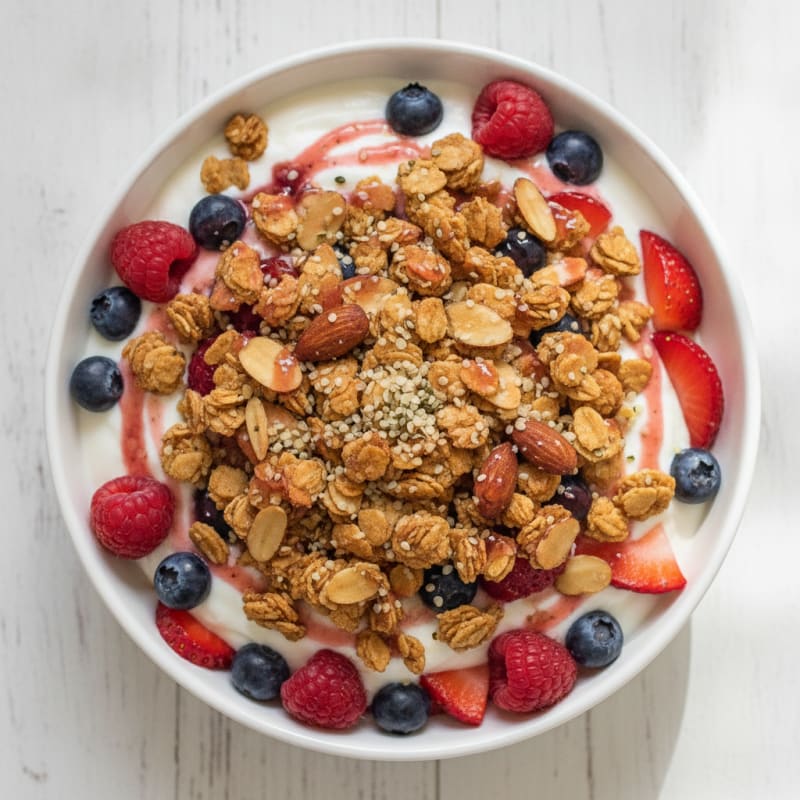 Greek Yogurt Parfait with Mixed Berries and Crunchy Almond Granola