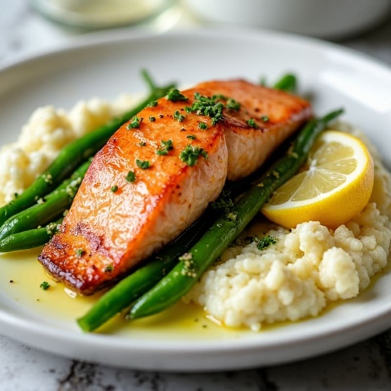 Seared Salmon with Garlic Green Beans and Cauliflower Mash