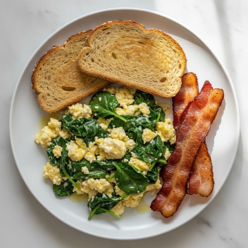 Creamy Cottage Cheese Scramble with Spinach and Turkey Bacon