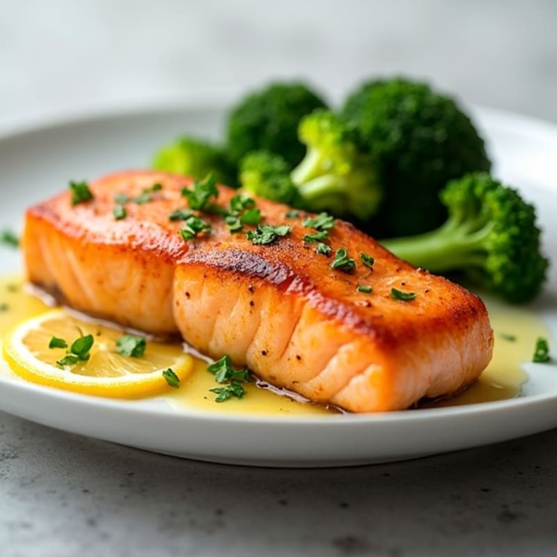 Seared Salmon with Steamed Broccoli and Lemon