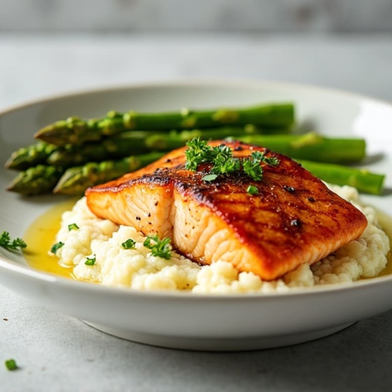 Seared Salmon with Steamed Asparagus and Cauliflower Mash