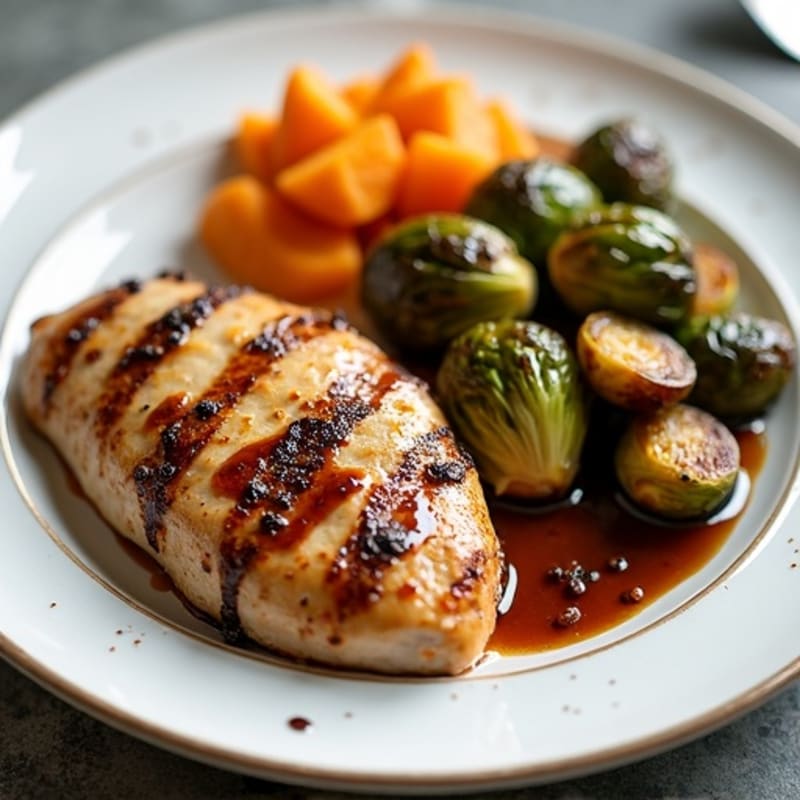 Roasted Chicken with Balsamic Glazed Brussels Sprouts and Sweet Potato