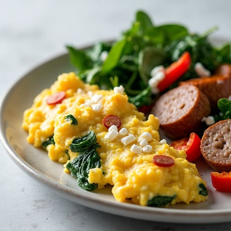 Egg White Scramble with Turkey Sausage and Sautéed Spinach