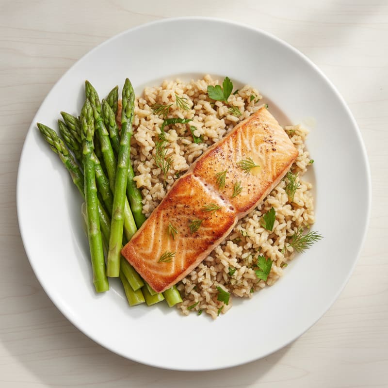 Seared Salmon Filet with Steamed Asparagus and Herbed Brown Rice