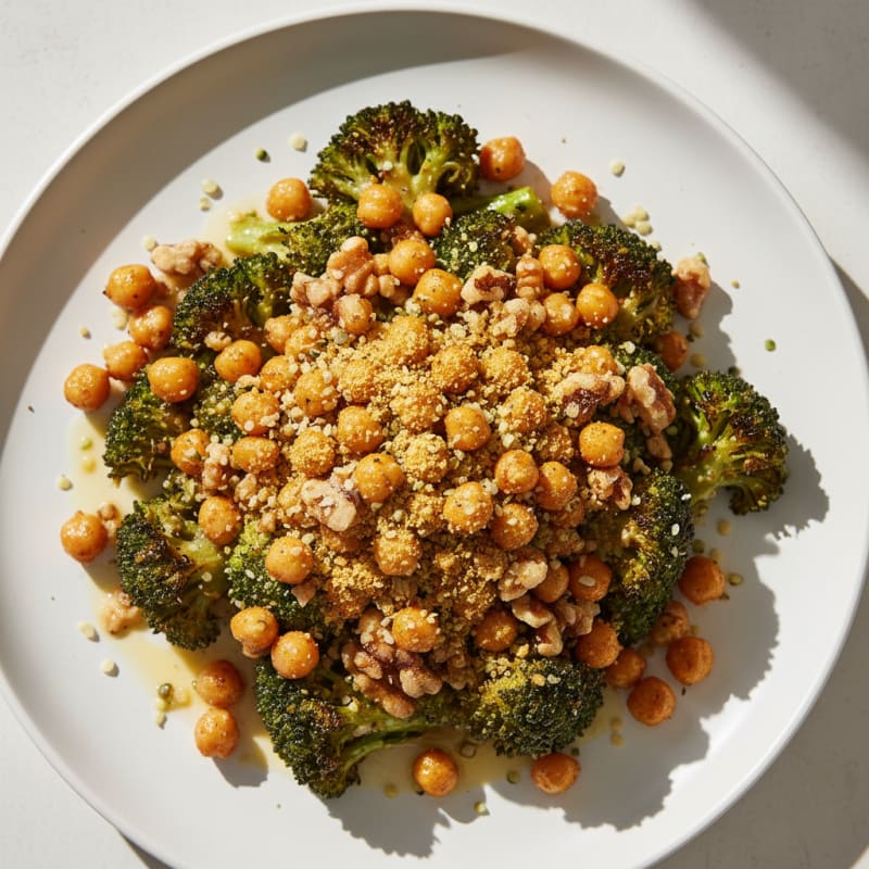 Roasted Chickpea and Walnut Crumble with Garlic Broccoli