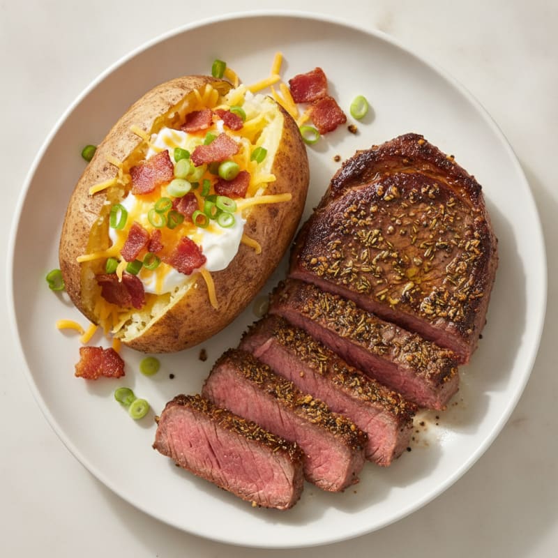 Herb-Crusted Sirloin with Loaded Baked Potato