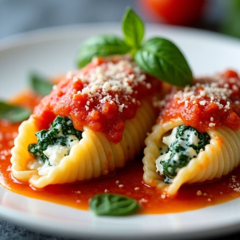Baked Creamy Spinach Ricotta Stuffed Shells with Fresh Tomato Sauce