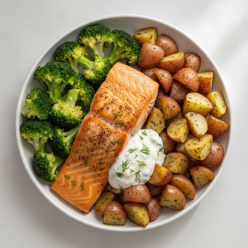Crispy Pan-Seared Salmon with Steamed Broccoli and Herb Potatoes