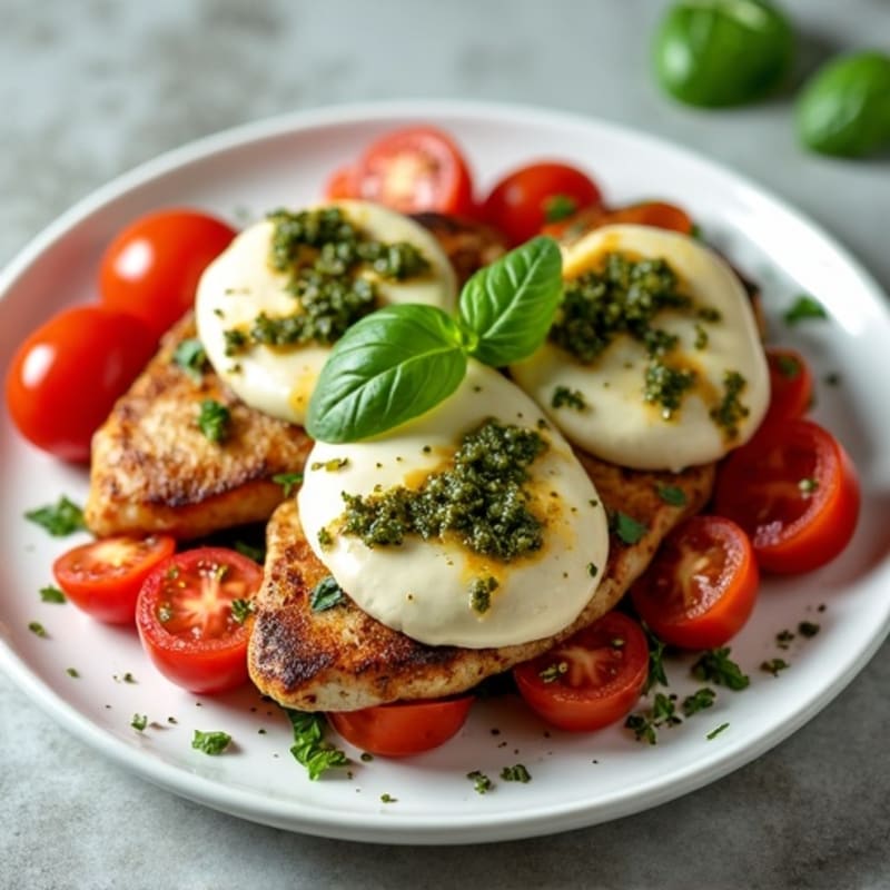 Herb-Marinated Chicken with Fresh Tomato, Creamy Mozzarella, and Basil Pesto