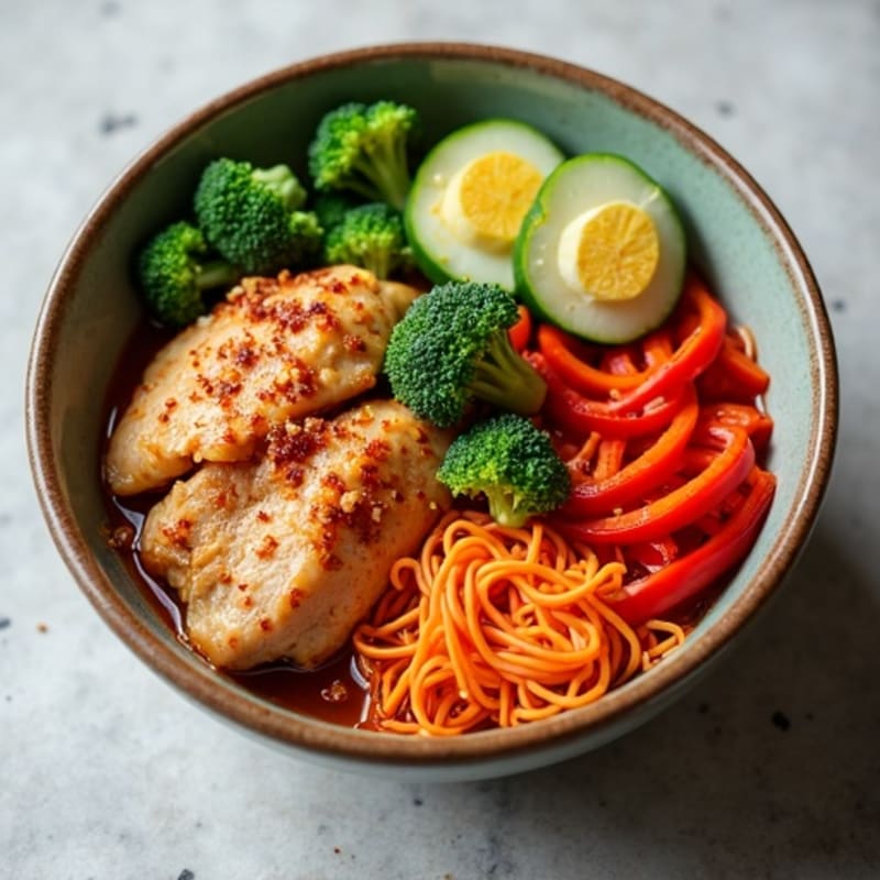Spicy Sriracha Chicken Ramen Bowl with Fresh Vegetables