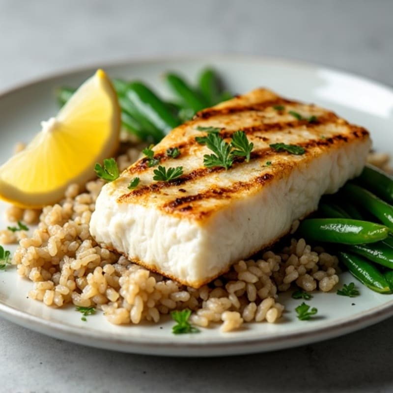Grilled Cod Fillet with Garlic Green Beans and Herb Rice
