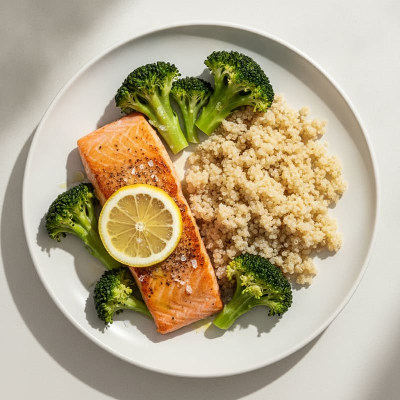 Seared Salmon with Steamed Broccoli and Quinoa