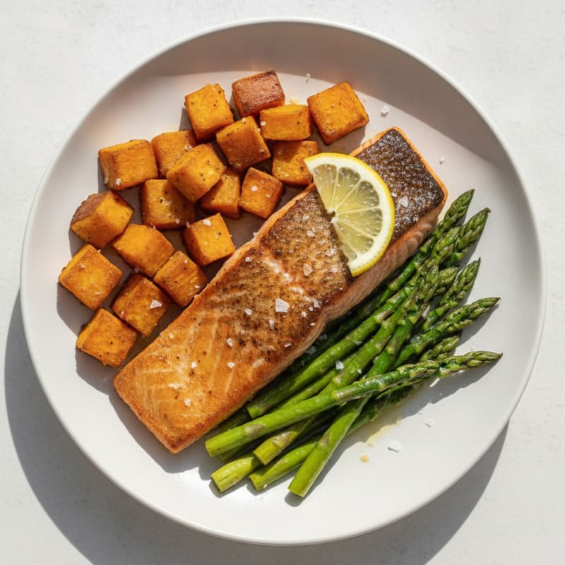 Seared Salmon with Roasted Sweet Potatoes and Asparagus