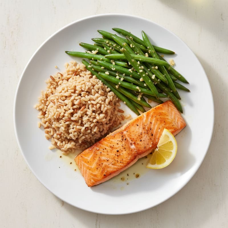 Seared Salmon with Garlic Green Beans and Brown Rice
