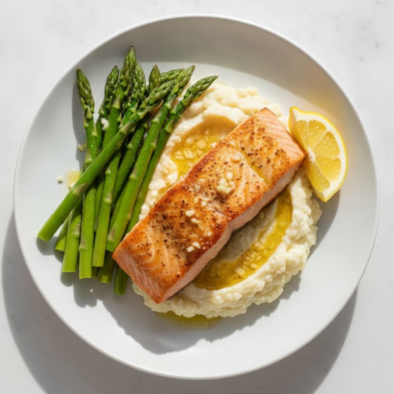 Seared Salmon with Steamed Asparagus and Cauliflower Mash