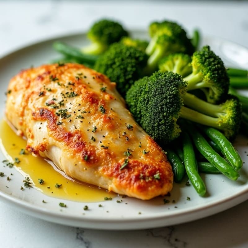 Crispy Lemon-Herb Roasted Chicken with Garlic Green Beans and Broccoli