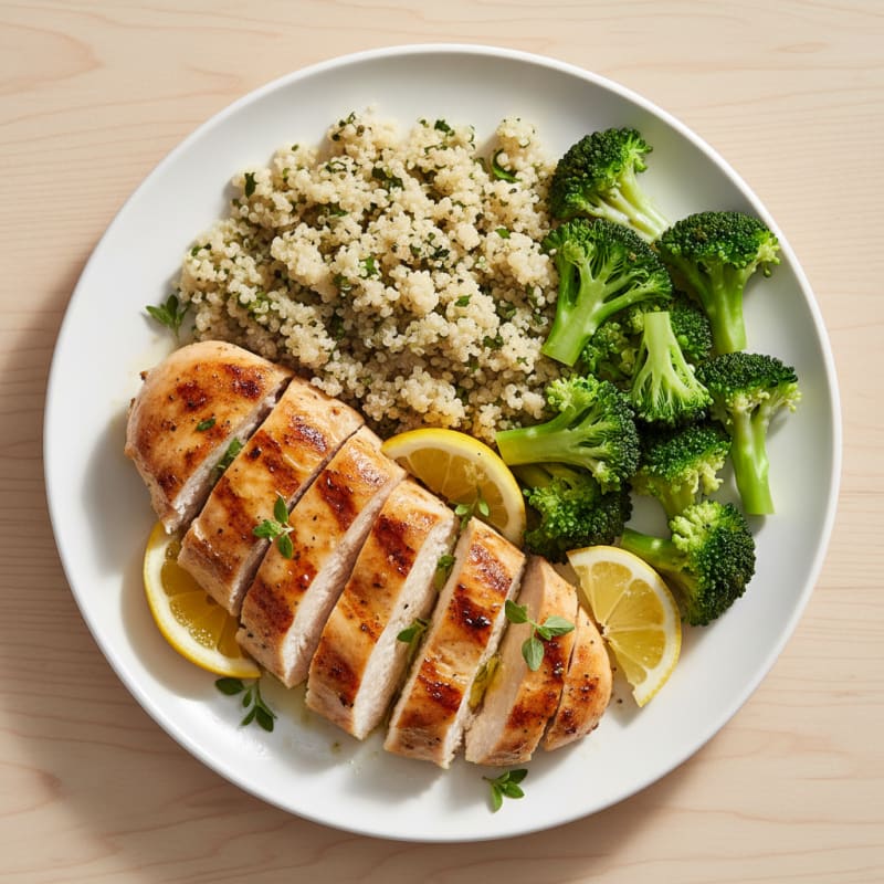 Grilled Lemon Herb Chicken Breast with Quinoa and Steamed Broccoli