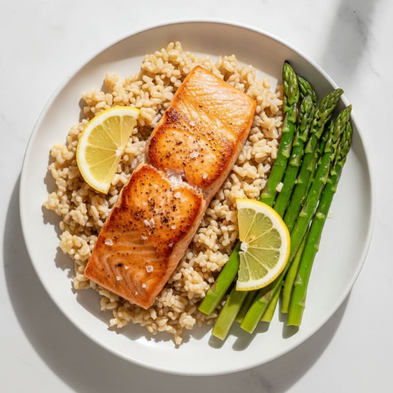 Seared Salmon with Steamed Asparagus and Brown Rice