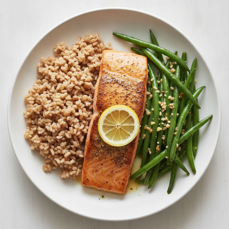 Seared Salmon with Garlic Green Beans and Brown Rice