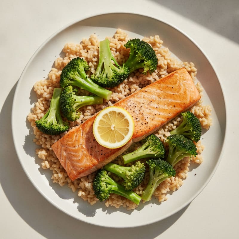 Seared Salmon with Steamed Broccoli and Brown Rice