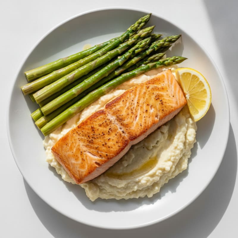 Seared Salmon with Steamed Asparagus and Cauliflower Mash