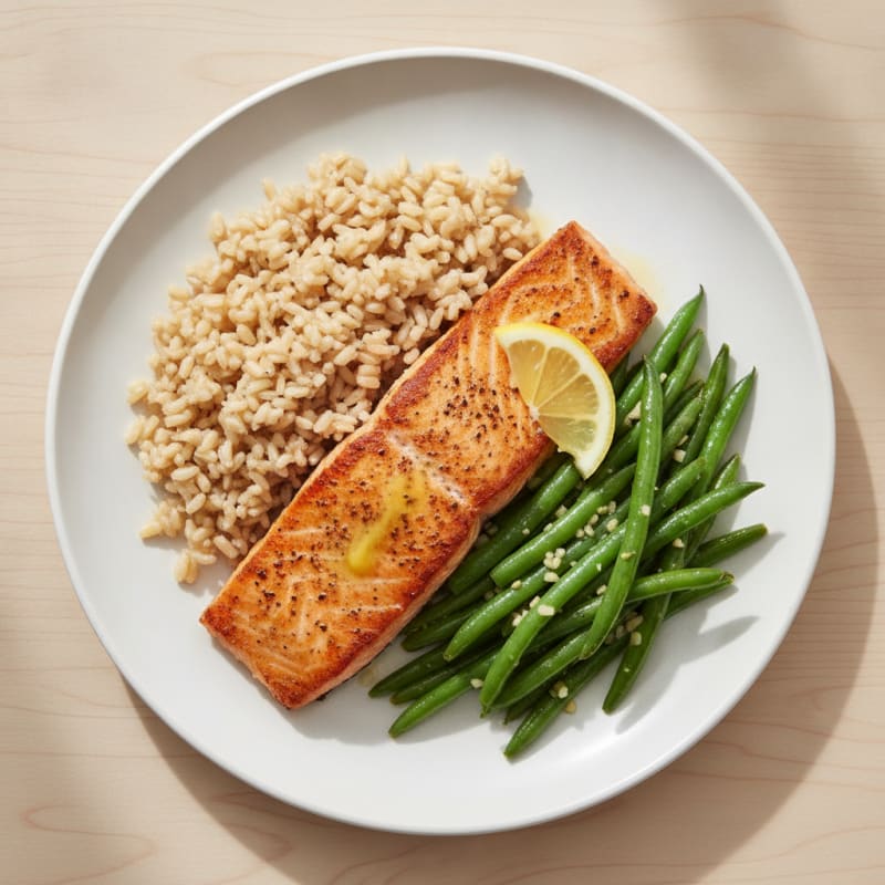 Seared Salmon with Garlic Green Beans and Brown Rice