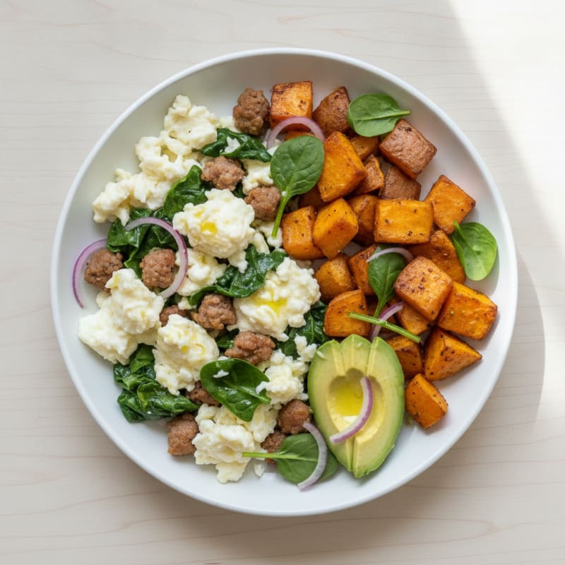 Egg White Scramble with Turkey Sausage and Roasted Sweet Potatoes