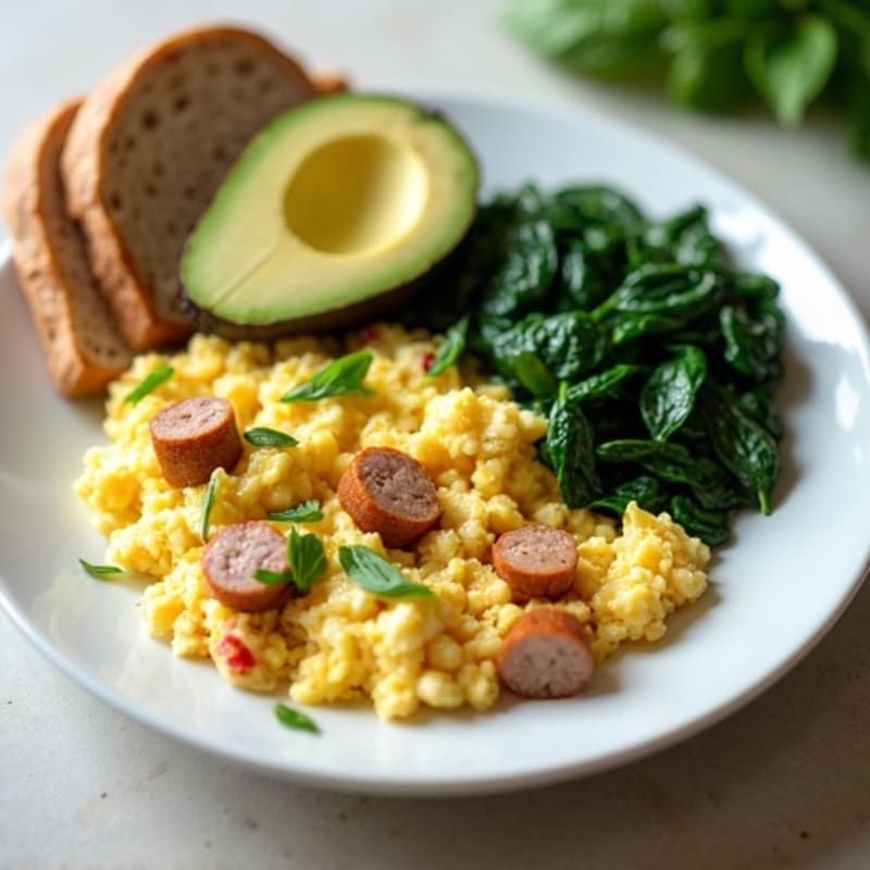 Egg White and Turkey Sausage Scramble with Sautéed Spinach
