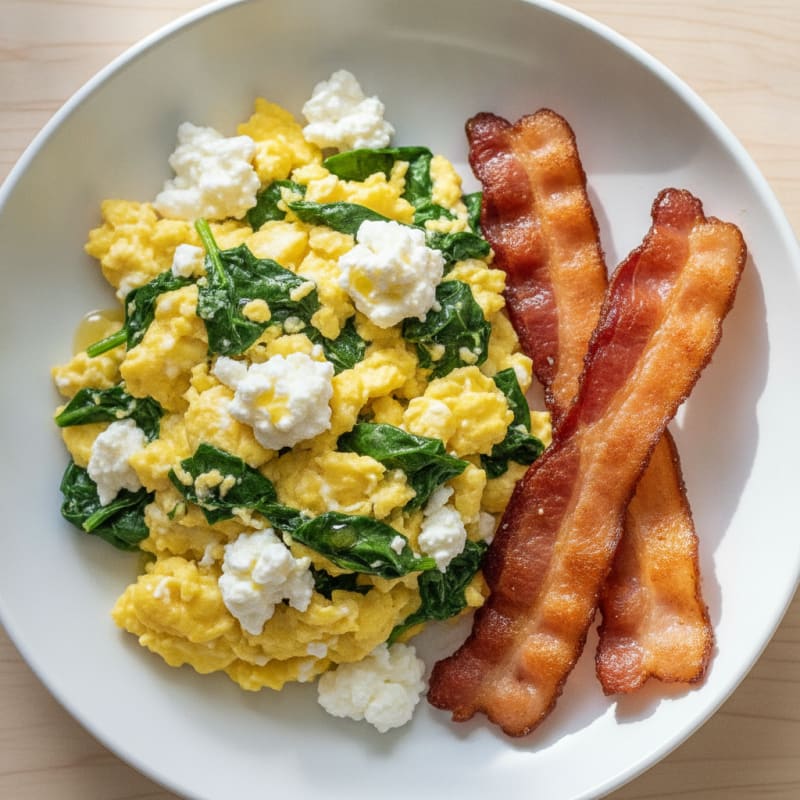 Cottage Cheese Egg Scramble with Spinach and Turkey Bacon