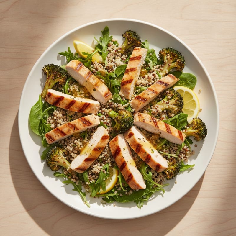 Grilled Chicken Breast Salad with Quinoa and Roasted Broccoli