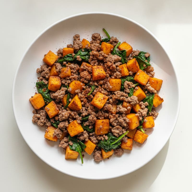 Ground Beef and Sweet Potato Skillet with Spinach