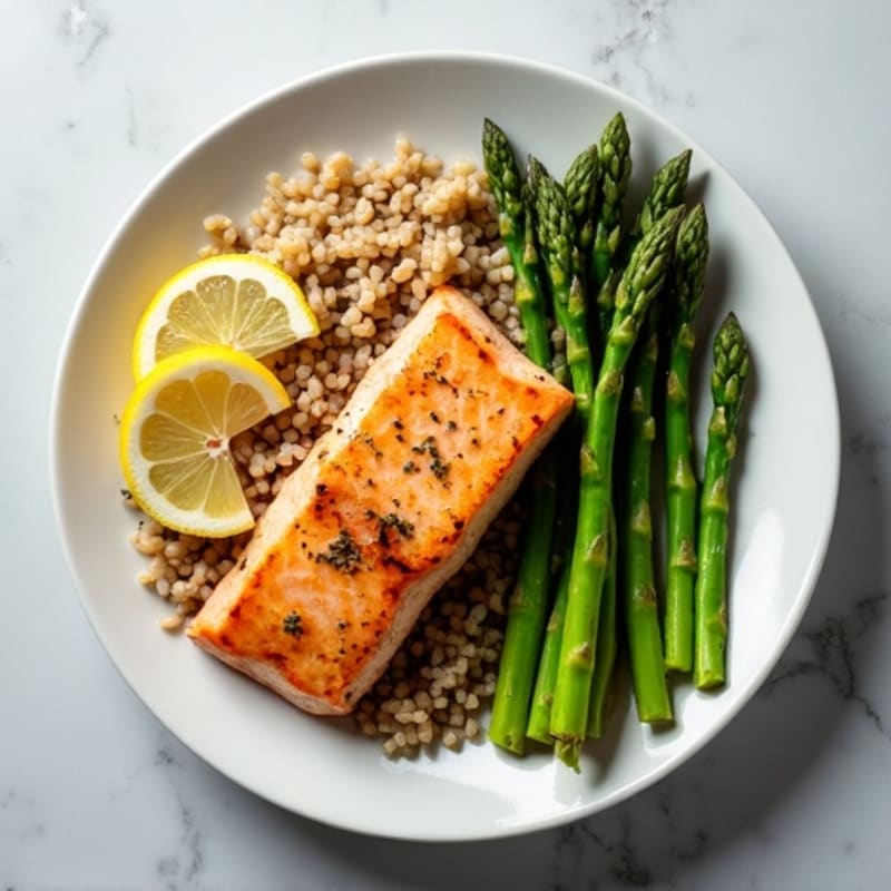 Seared Salmon with Steamed Asparagus and Lemon Herb Brown Rice
