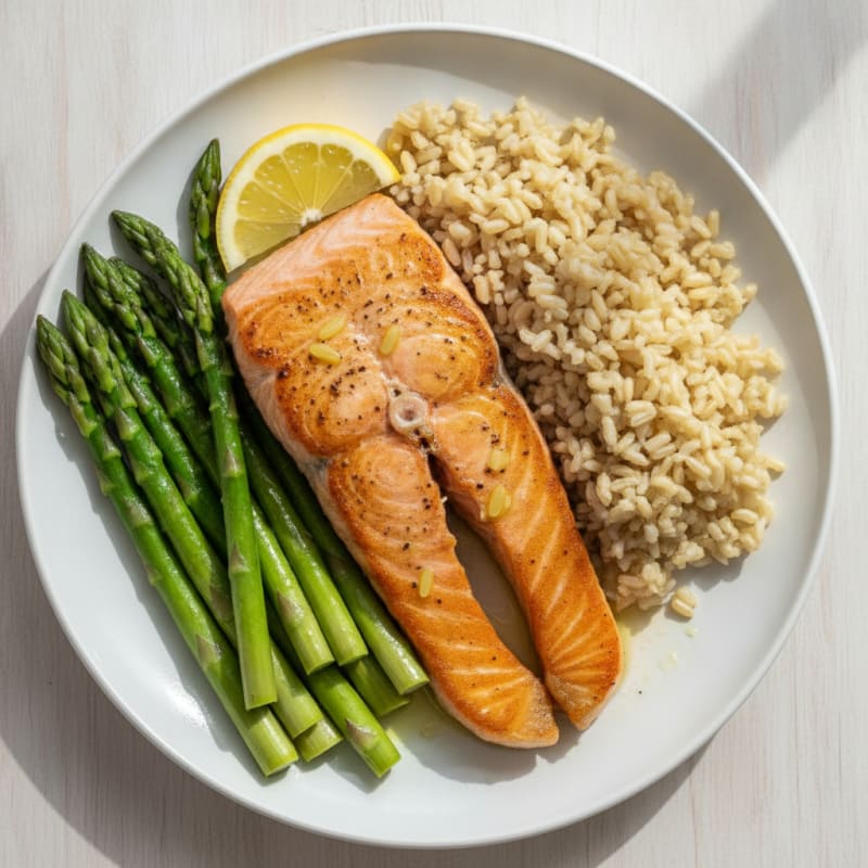 Seared Salmon Fillet with Steamed Asparagus and Brown Rice