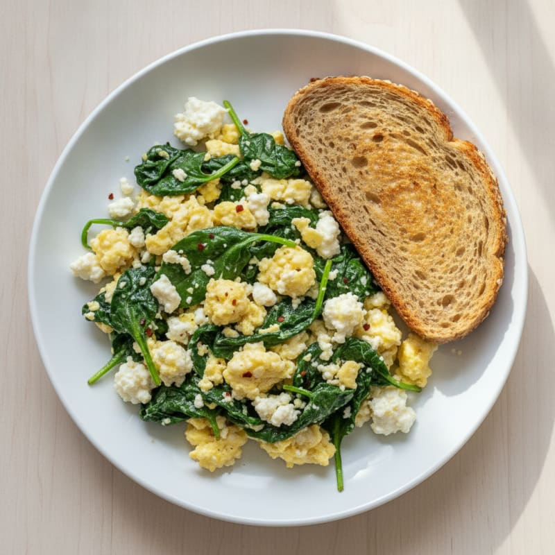 Spicy Scrambled Eggs with Cottage Cheese and Sautéed Spinach