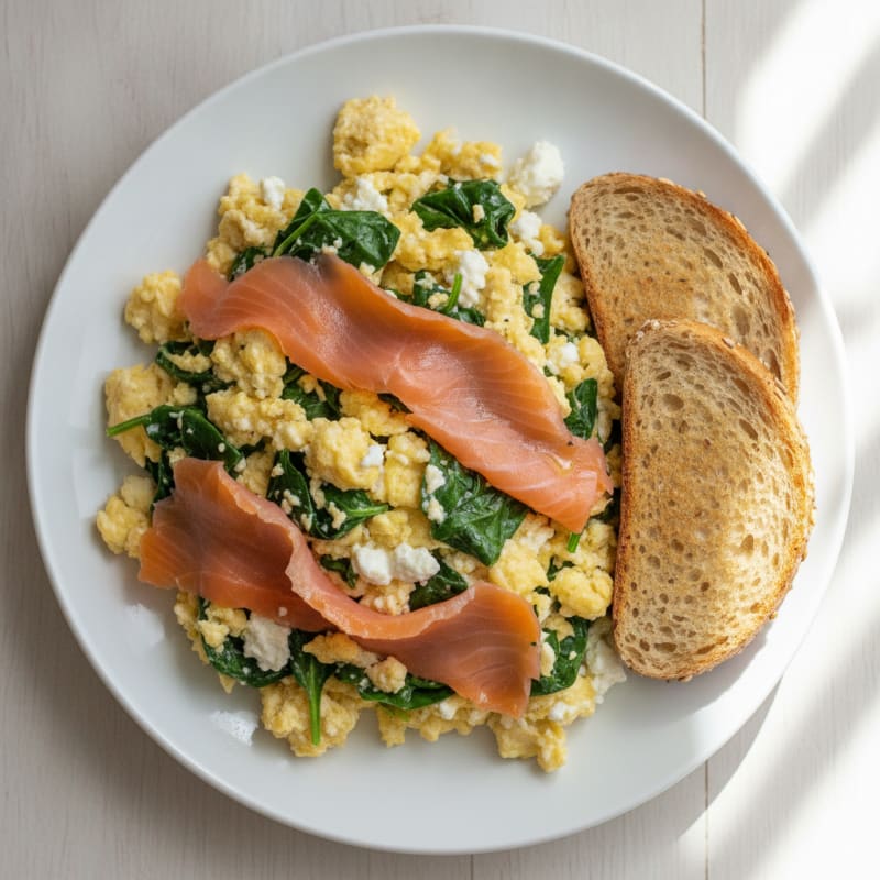 Silky Smoked Salmon Scramble with Cottage Cheese and Fresh Spinach
