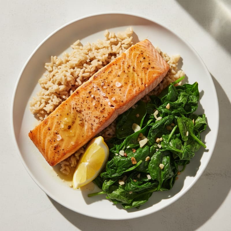 Seared Salmon with Garlic Spinach and Brown Rice