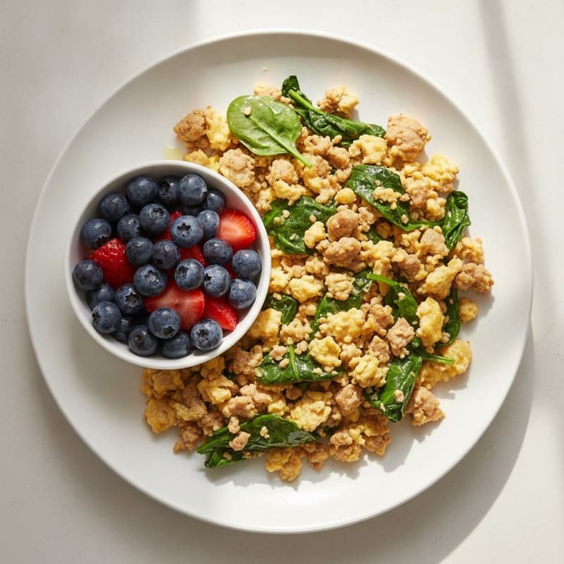 Turkey Spinach Scramble with Fresh Berries