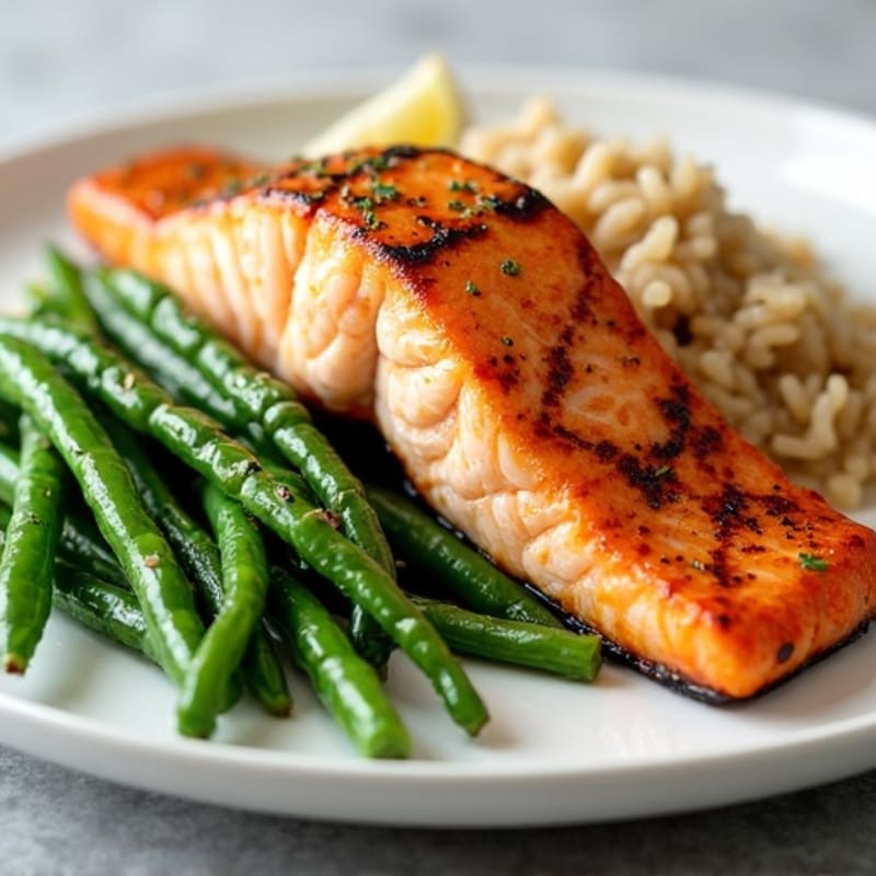 Seared Salmon with Garlic Green Beans and Brown Rice