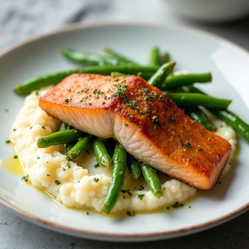 Seared Salmon with Garlic Green Beans and Cauliflower Mash