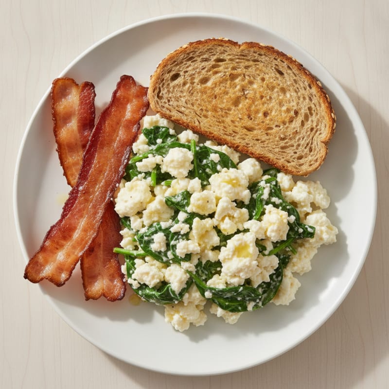 Cottage Cheese Scramble with Spinach and Turkey Bacon