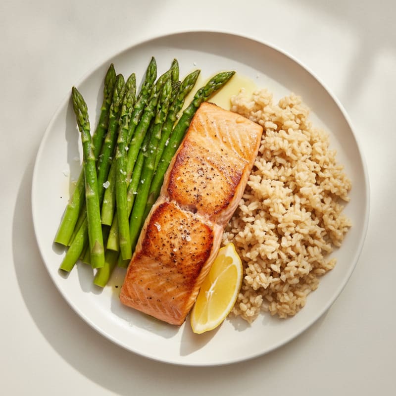 Seared Salmon with Steamed Asparagus and Brown Rice