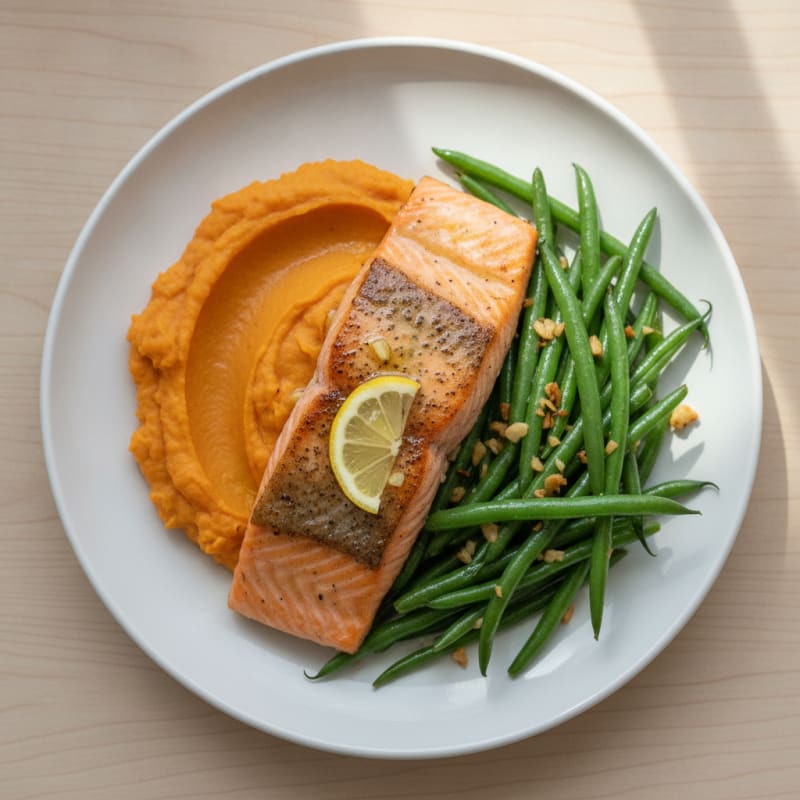 Seared Salmon with Garlic Green Beans and Sweet Potato Mash