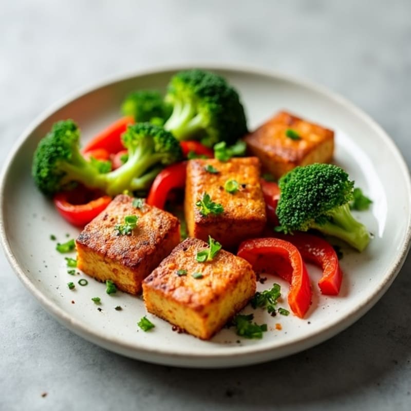 Crispy Baked Tofu with Roasted Broccoli and Bell Peppers