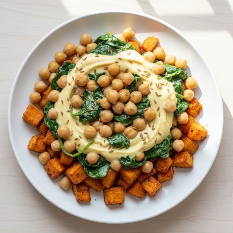 Creamy Chickpea and Spinach Skillet with Roasted Sweet Potato