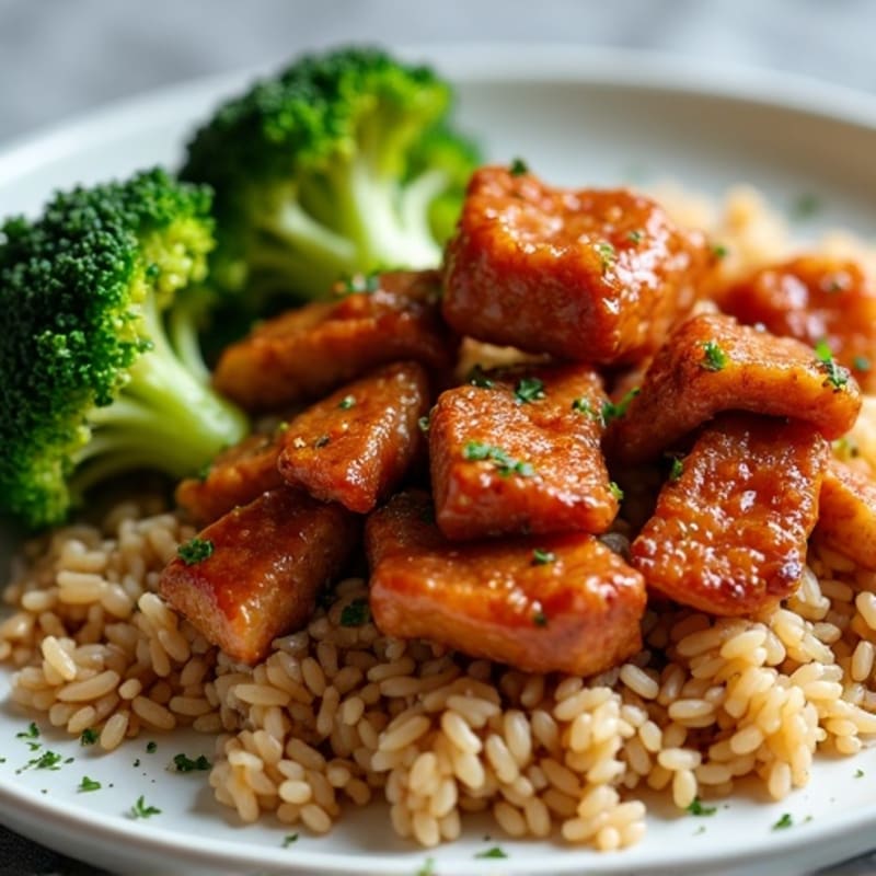 Crispy Hot Honey Beef with Roasted Broccoli and Brown Rice